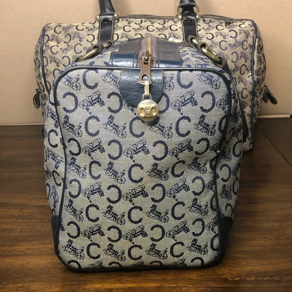 CELINE Navy Blue and Grey Monogram Boston Carry On Overnight Travel Bag 30cm